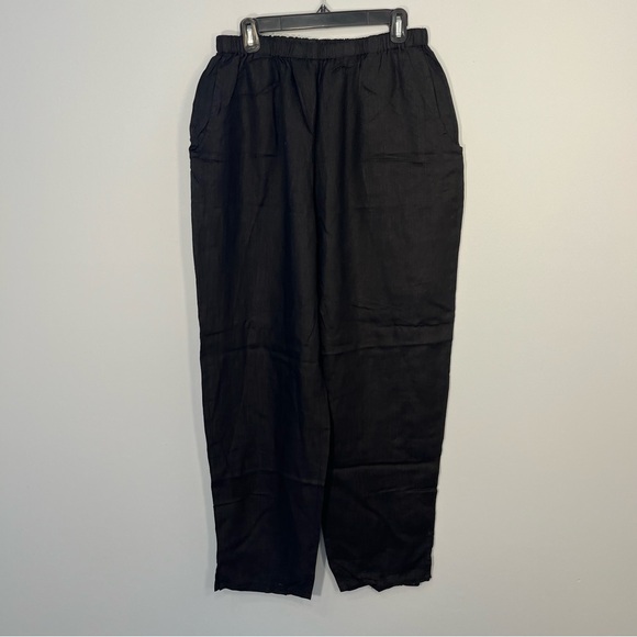 Flax Pants Womens Large Black 100% Linen Casual Pockets High Waisted Lightweight - Picture 1 of 10